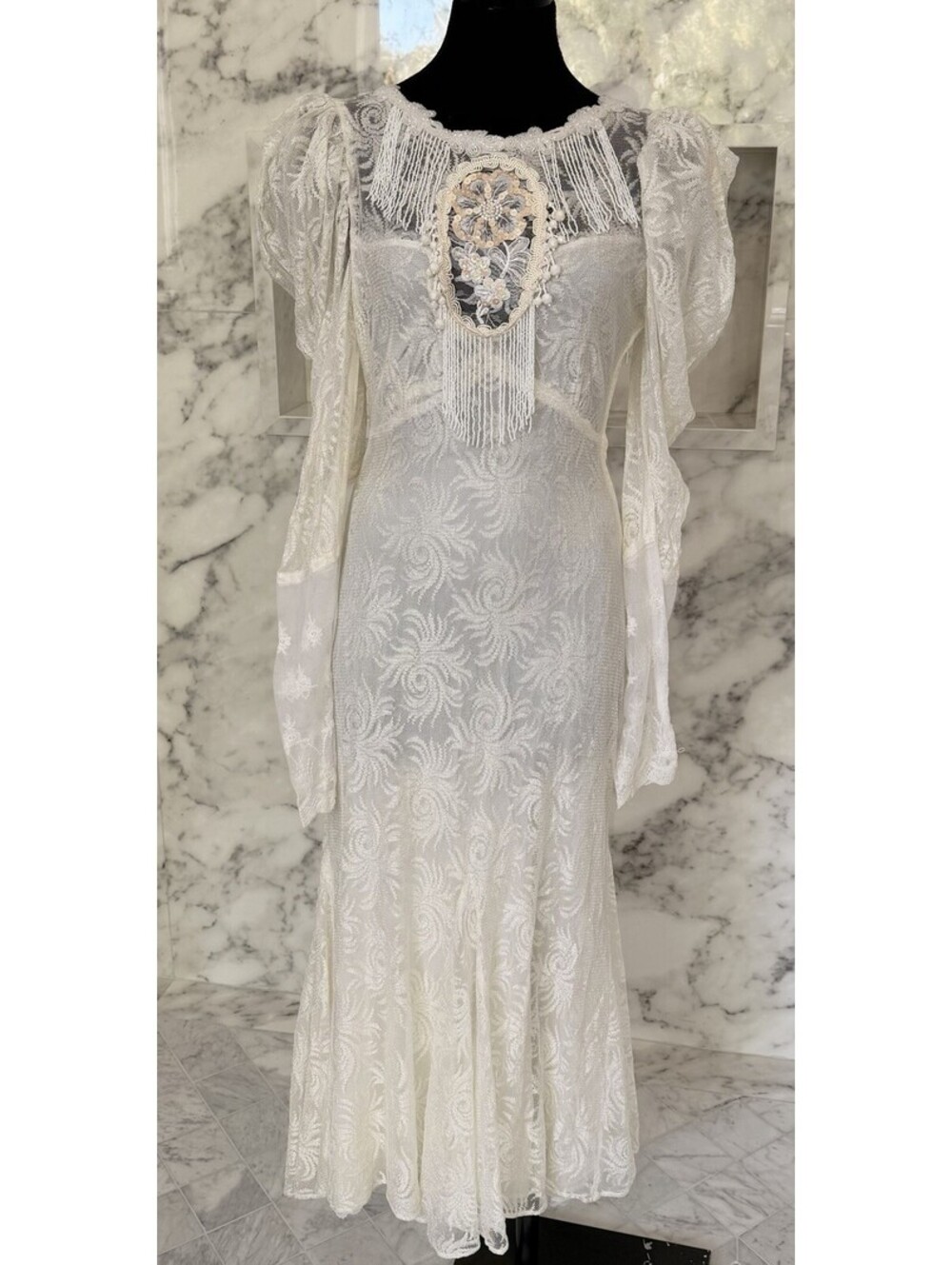 Vintage 80s Lorrie Kabala Lace Dress Long Sleeve Boho Bridal New Size S 8 Prom